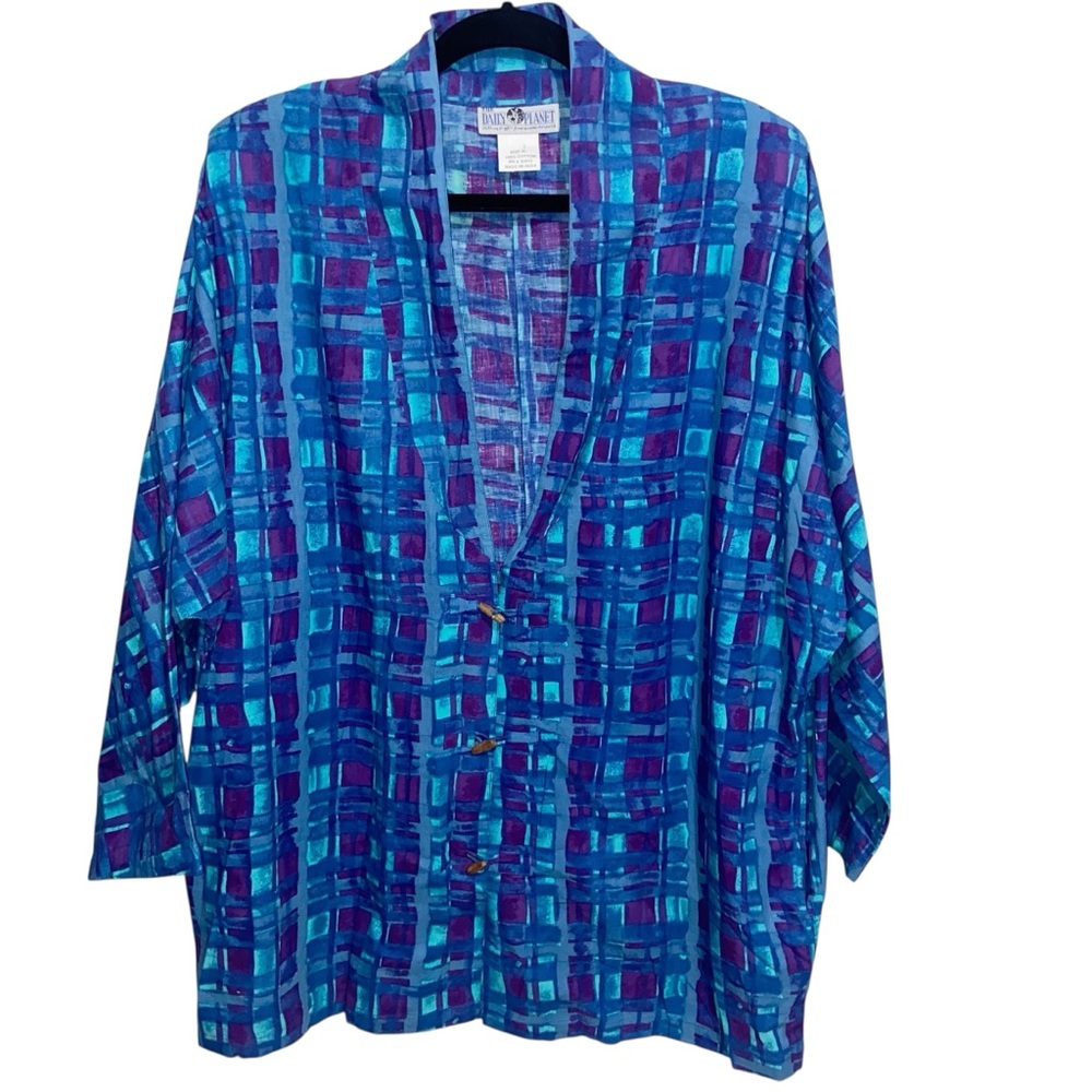 Vintage Daily Planet Jacket Womens XL Pockets Boho Lagenlook Artsy Colorful Blue